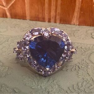 Heart-Shaped Lab Blue Sapphire Tanzanite Cocktail Sterling Ring Size 7 5ct